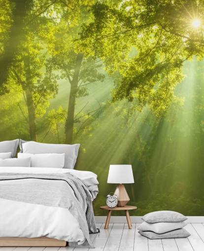 mural verde de papel pintado de bosque personalizado llamado El bosque del cielo para salas de estar