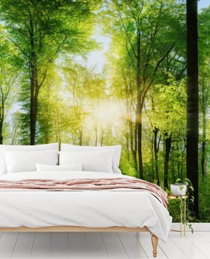 groene aanpasbare bosbehangmuurschildering genaamd Forest Panoramic met zonnestralen voor slaapkamer
