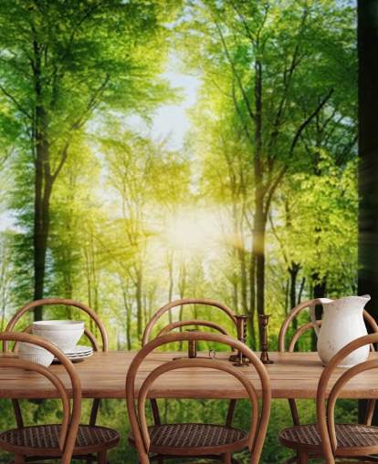 mural verde personalizable de un bosque llamado Forest Panoramic con rayos de sol para dormitorio