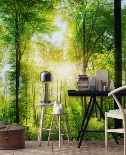 carta da parati murale verde personalizzabile con boschi chiamata Forest Panoramic with Sunbeams per camera da letto