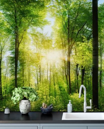 green customisable woodland wallpaper mural called Forest Panoramic with Sunbeams for bedroom