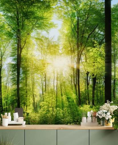 papier peint mural boisé vert personnalisable appelé Forest Panoramic avec rayons de soleil pour chambre
