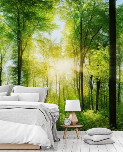 mural verde personalizable de un bosque llamado Forest Panoramic con rayos de sol para dormitorio