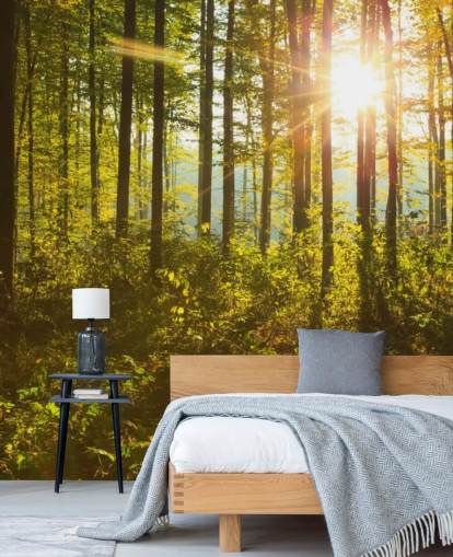 mural de papel pintado de bosque verde y marrón llamado Forest Sunlight para dormitorios, oficinas en casa y comedores mural de papel pintado de bosque verde y marrón llamado Forest Sunlight para dormitorios, oficinas en casa y comedores