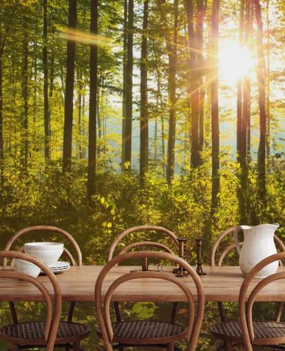 mural de papel de parede verde e marrom chamado Forest Sunlight para quartos, escritórios domésticos e salas de jantar