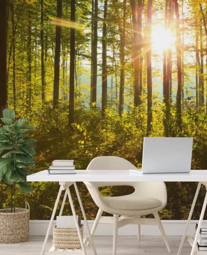 mural de papel pintado de bosque verde y marrón llamado Forest Sunlight para dormitorios, oficinas en casa y comedores