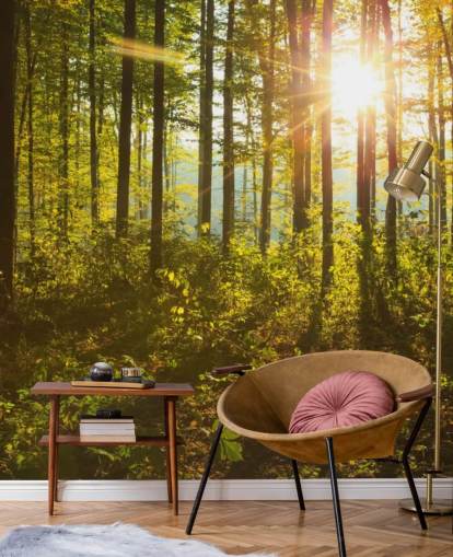 green and brown woodland wallpaper mural called Forest Sunlight for bedrooms, home offices and dining rooms