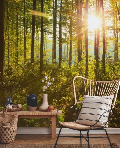 grønt og brunt skovtapet vægmaleri kaldet Forest Sunlight til soveværelser, hjemmekontorer og spisestuer grønt og brunt skovtapet vægmaleri kaldet Forest Sunlight til soveværelser, hjemmekontorer og spisestuer