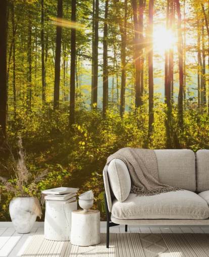 green and brown woodland wallpaper mural called Forest Sunlight for bedrooms, home offices and dining rooms
