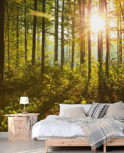 green and brown woodland wallpaper mural called Forest Sunlight for bedrooms, home offices and dining rooms green and brown woodland wallpaper mural called Forest Sunlight for bedrooms, home offices and dining rooms