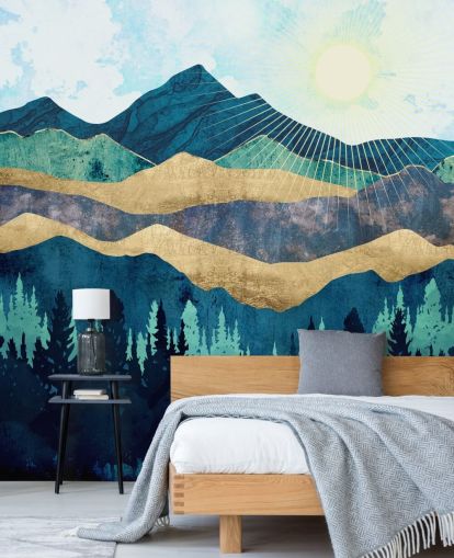 papel pintado de montañas abstractas en capas azules, verdes y doradas