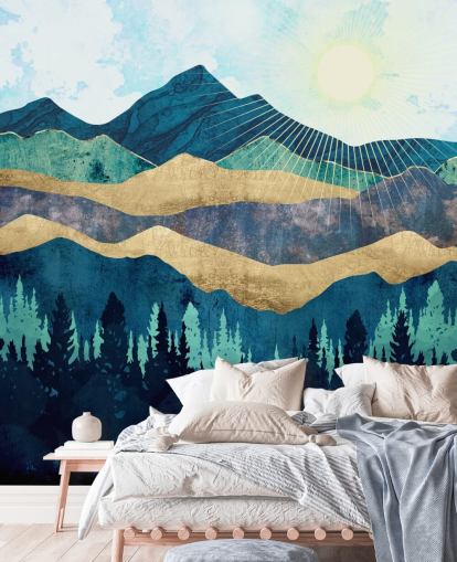 papel pintado de montañas abstractas en capas azules, verdes y doradas