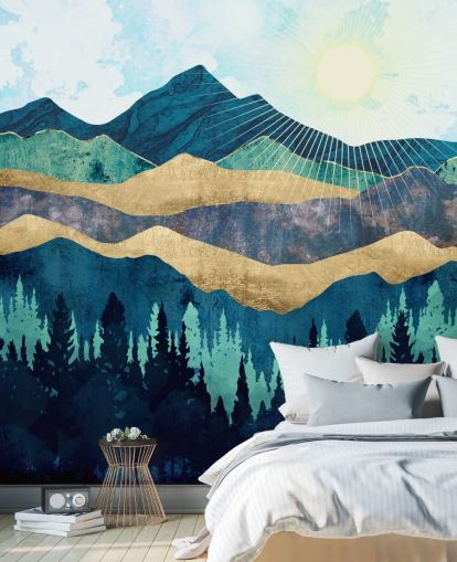 azul, verde e dourado em camadas montanhas abstratas papel de parede