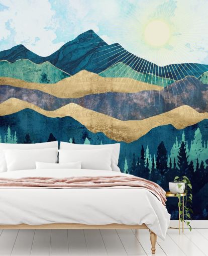 papel pintado de montañas abstractas en capas azules, verdes y doradas