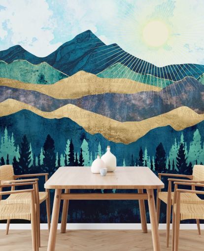 blue, green and gold layered abstract mountains wallpaper