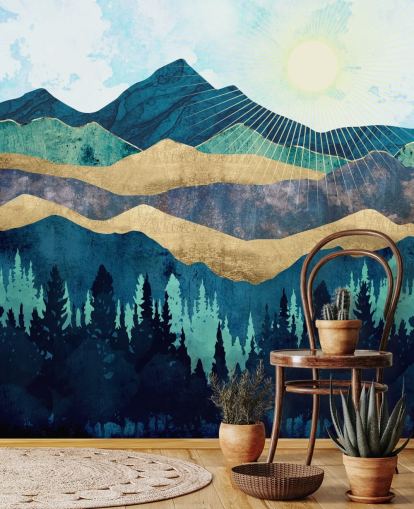 azul, verde e dourado em camadas montanhas abstratas papel de parede