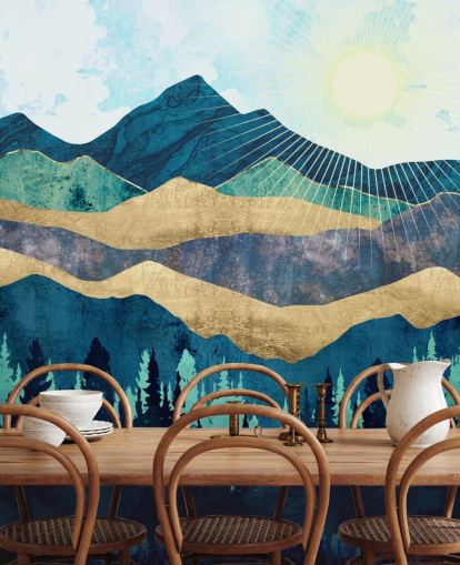 carta da parati montagne astratte a strati blu, verde e oro