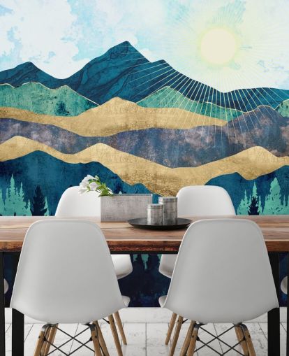 blue, green and gold layered abstract mountains wallpaper