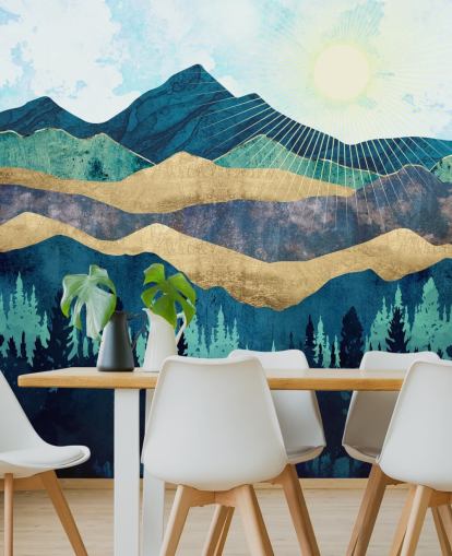 carta da parati montagne astratte a strati blu, verde e oro