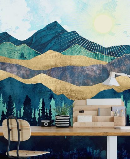 blue, green and gold layered abstract mountains wallpaper blue, green and gold layered abstract mountains wallpaper