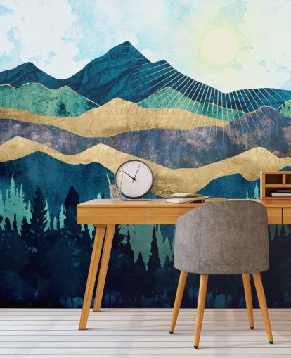 papel pintado de montañas abstractas en capas azules, verdes y doradas