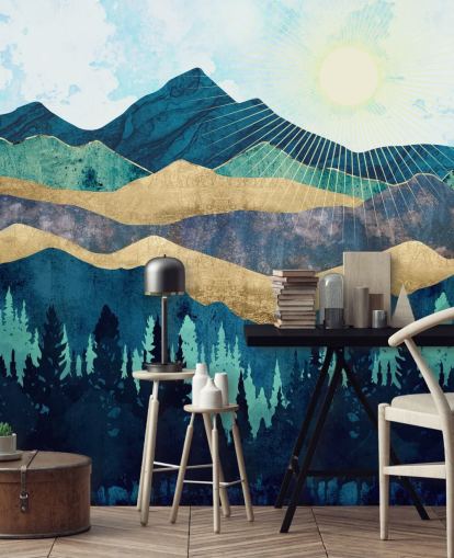 papier peint abstrait en couches bleu, vert et or