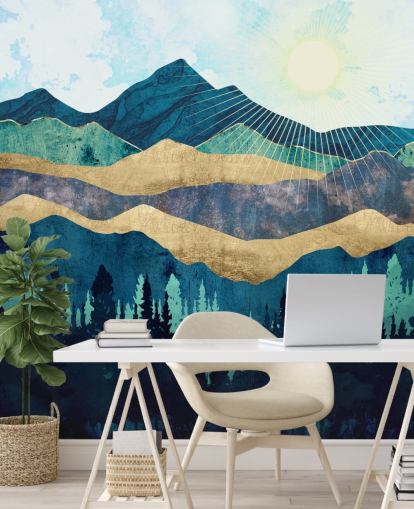 blau, grün und gold geschichtete abstrakte Berge Tapete