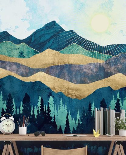 papel pintado de montañas abstractas en capas azules, verdes y doradas
