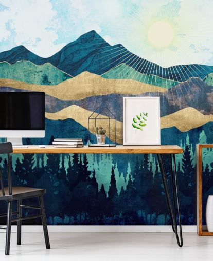 blauw, groen en goud gelaagd abstract bergen behang