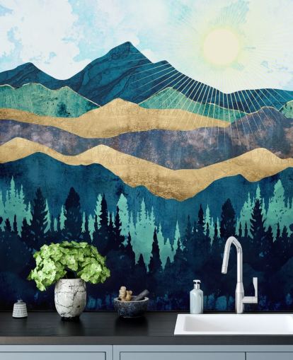 papel pintado de montañas abstractas en capas azules, verdes y doradas