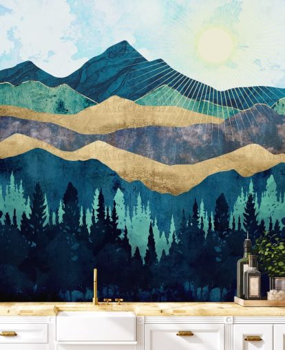 blue, green and gold layered abstract mountains wallpaper blue, green and gold layered abstract mountains wallpaper