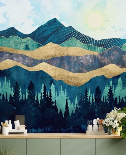 papel pintado de montañas abstractas en capas azules, verdes y doradas