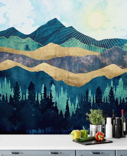 blue, green and gold layered abstract mountains wallpaper