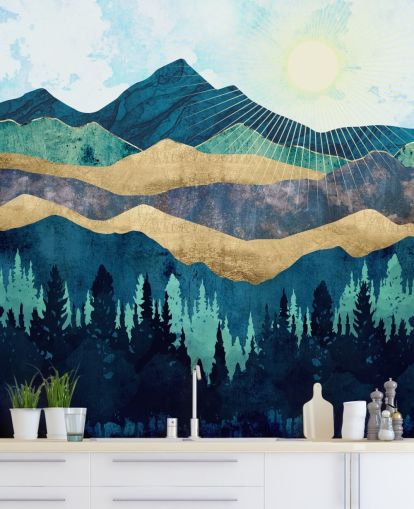 blue, green and gold layered abstract mountains wallpaper