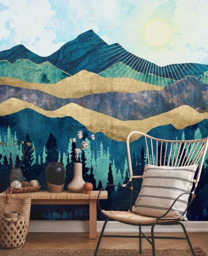 blue, green and gold layered abstract mountains wallpaper