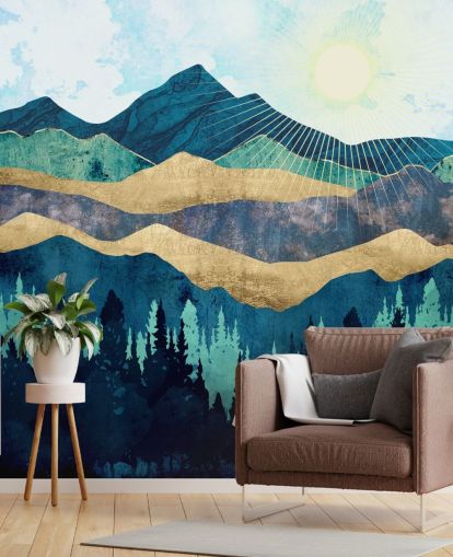blue, green and gold layered abstract mountains wallpaper