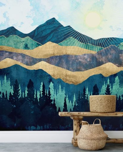 azul, verde e dourado em camadas montanhas abstratas papel de parede