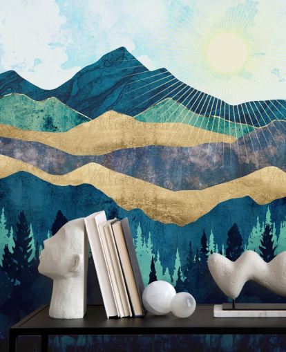 azul, verde e dourado em camadas montanhas abstratas papel de parede