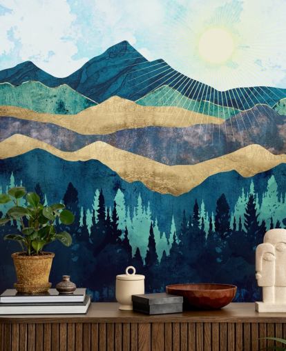 blue, green and gold layered abstract mountains wallpaper
