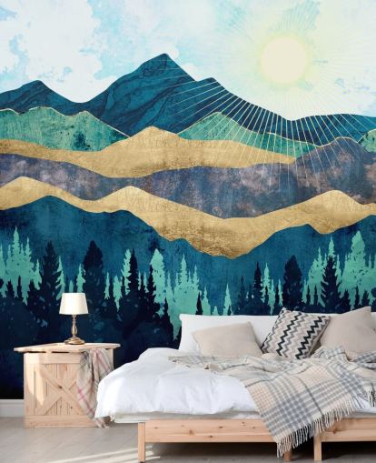 azul, verde e dourado em camadas montanhas abstratas papel de parede