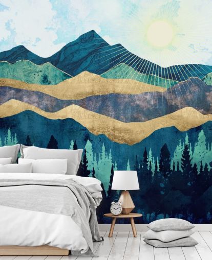 blue, green and gold layered abstract mountains wallpaper