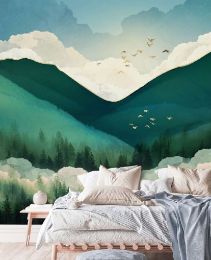 paysage abstrait vert, blanc et or de montagnes brumeuses papier peint