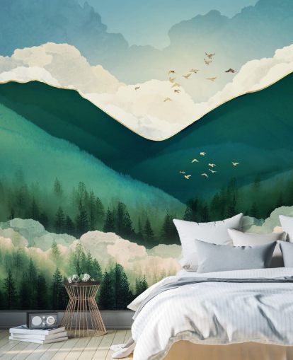 verde, bianco e oro astratto paesaggio di montagne nebbiose carta da parati verde, bianco e oro astratto paesaggio di montagne nebbiose carta da parati