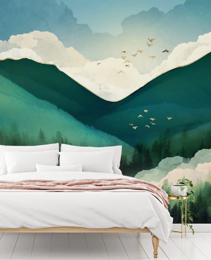 verde, bianco e oro astratto paesaggio di montagne nebbiose carta da parati