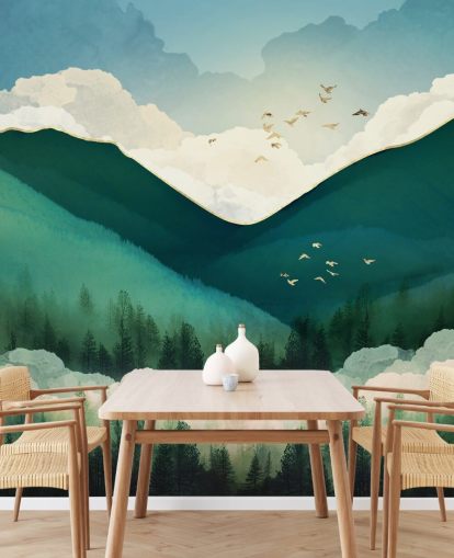 green, white and gold abstract landscape of misty mountains wallpaper