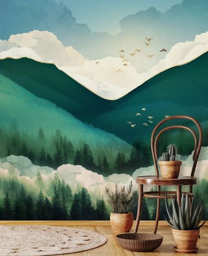 grüne, weiße und goldene abstrakte Landschaft der nebligen Berge Tapete