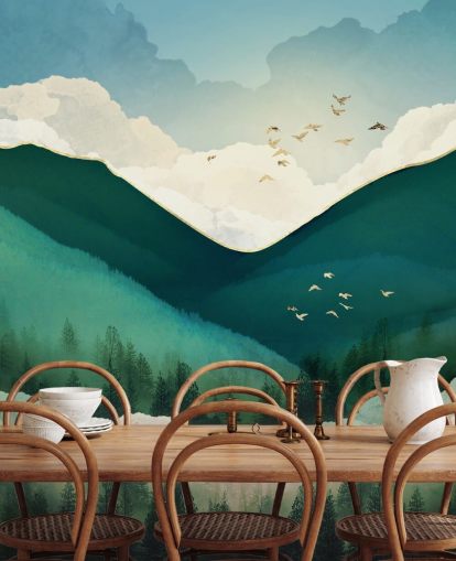 green, white and gold abstract landscape of misty mountains wallpaper