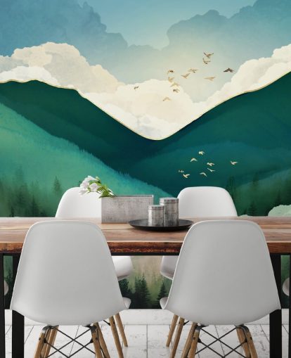 paysage abstrait vert, blanc et or de montagnes brumeuses papier peint paysage abstrait vert, blanc et or de montagnes brumeuses papier peint