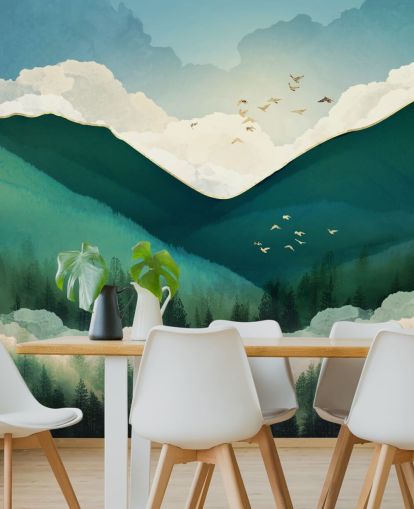 paysage abstrait vert, blanc et or de montagnes brumeuses papier peint paysage abstrait vert, blanc et or de montagnes brumeuses papier peint