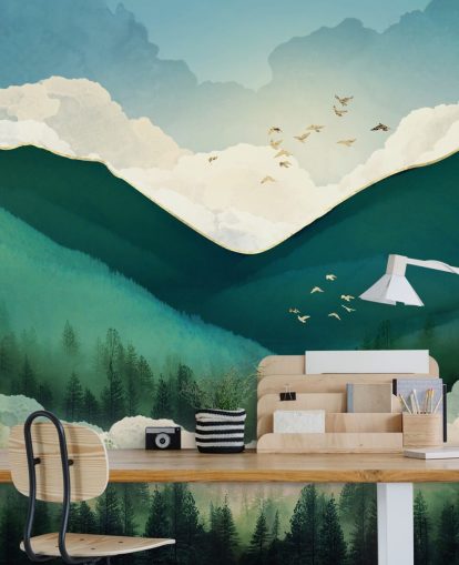 fondo de pantalla de paisaje abstracto verde, blanco y dorado de montañas brumosas